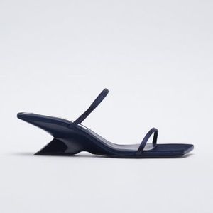 Zara navy blue thin strappy with curved asymmetric wedge